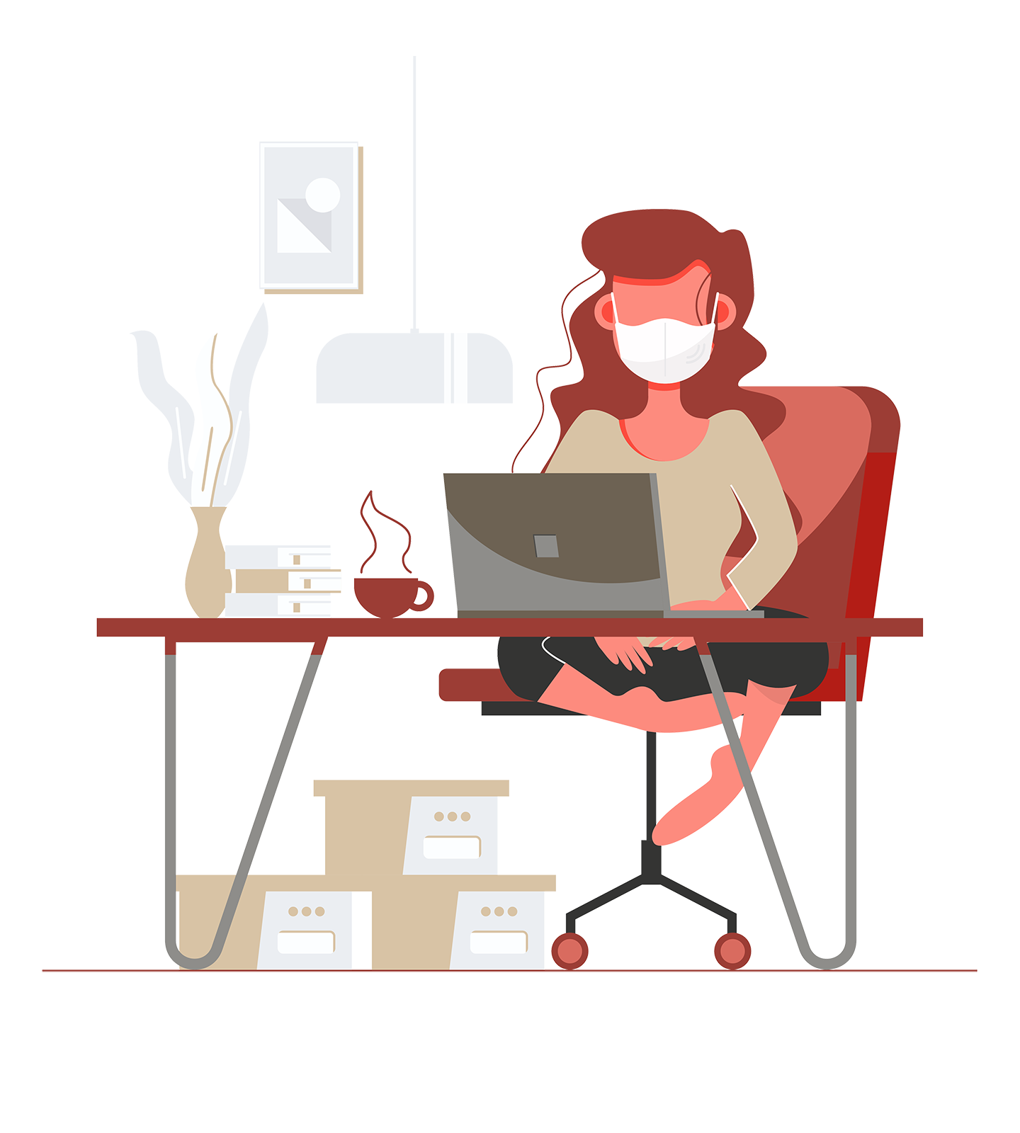 Woman working from home Woman in facemask working from home